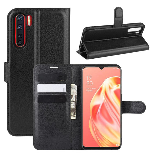 Litchi Texture Wallet Stand Leather Cell Phone Cover for OPPO A91 / F15 - Black