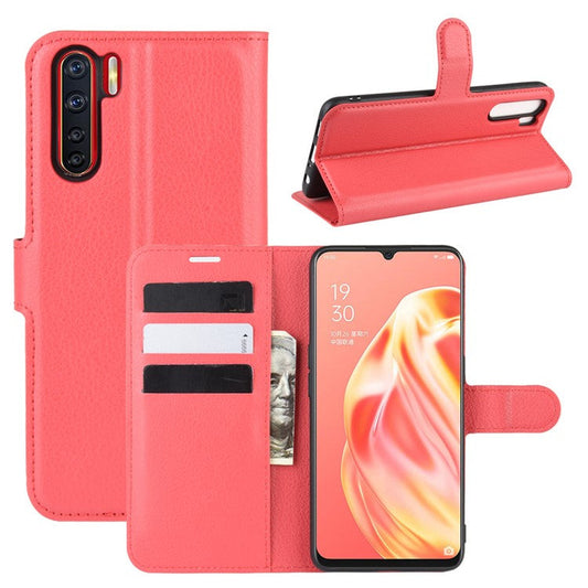 Litchi Texture Wallet Stand Leather Cell Phone Cover for OPPO A91 / F15 - Red