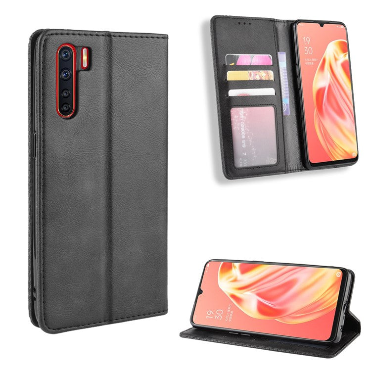 Vintage Style Magnetic Leather Wallet Phone Cover for OPPO A91/F15 - Black