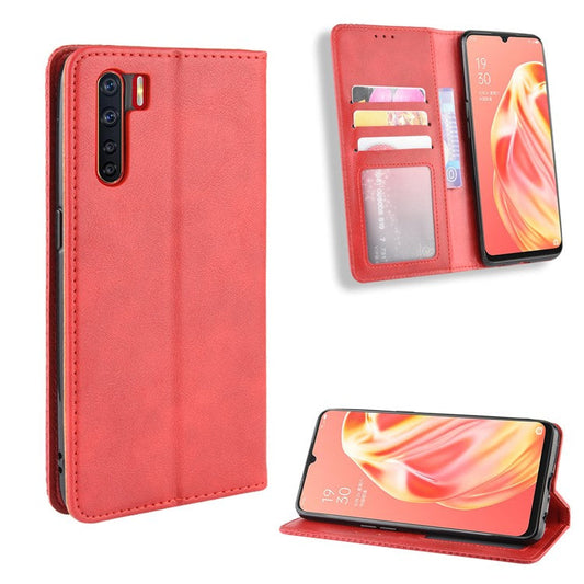 Vintage Style Magnetic Leather Wallet Phone Cover for OPPO A91/F15 - Red
