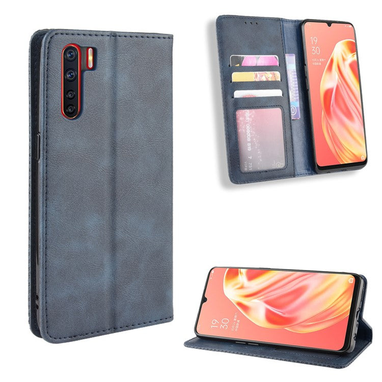 Vintage Style Magnetic Leather Wallet Phone Cover for OPPO A91/F15 - Blue