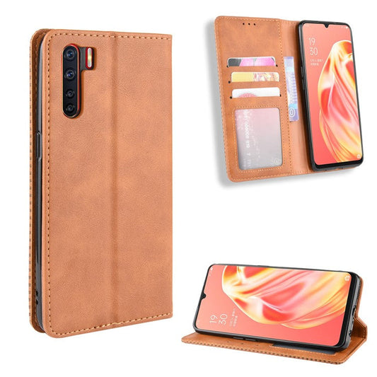 Vintage Style Magnetic Leather Wallet Phone Cover for OPPO A91/F15 - Brown
