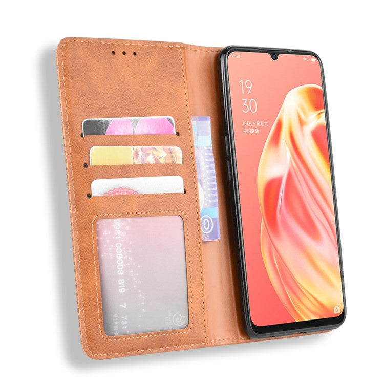 Vintage Style Magnetic Leather Wallet Phone Cover for OPPO A91/F15 - Brown