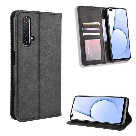 Vintage Style Leather Wallet Case for Realme X50 5G - Black