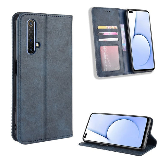 Vintage Style Leather Wallet Case for Realme X50 5G - Blue