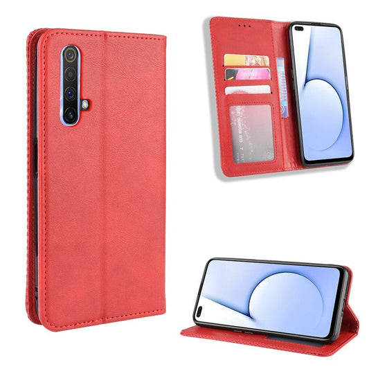 Vintage Style Leather Wallet Case for Realme X50 5G - Red