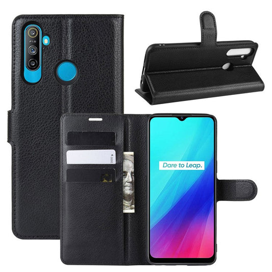 Litchi Skin Wallet Leather Stand Case for Realme 5 / C3 (3 cameras) - Black