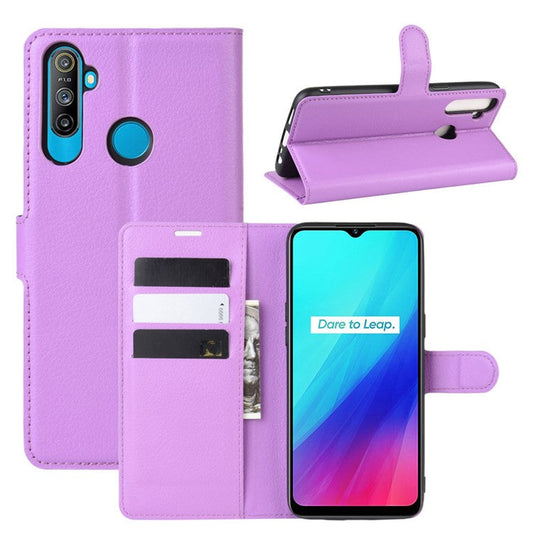 Litchi Skin Wallet Leather Stand Case for Realme 5 / C3 (3 cameras) - Purple