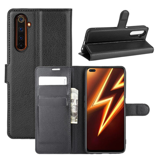 Litchi Skin Leather Wallet Stand Case for Realme 6 Pro - Black