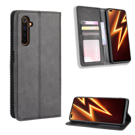 For Realme 6 Pro Vintage Leather Auto-absorbed Protection Case with Wallet Stand - Black