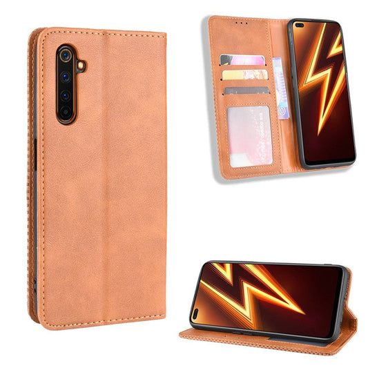 For Realme 6 Pro Vintage Leather Auto-absorbed Protection Case with Wallet Stand - Brown