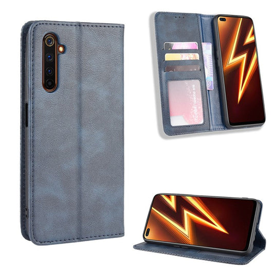 For Realme 6 Pro Vintage Leather Auto-absorbed Protection Case with Wallet Stand - Blue