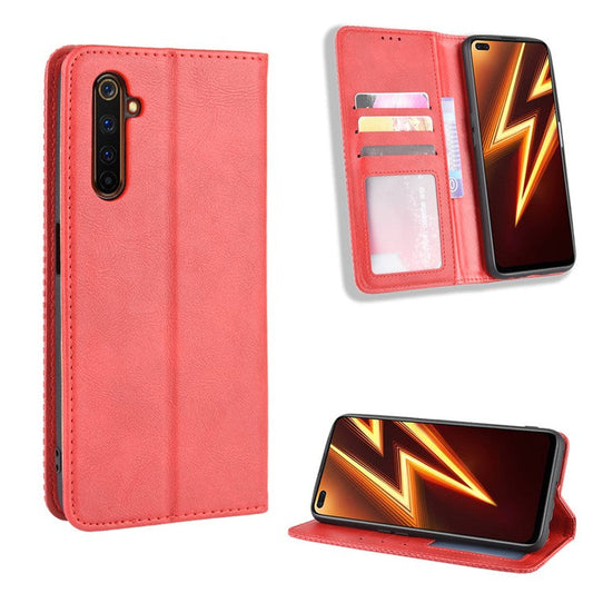 For Realme 6 Pro Vintage Leather Auto-absorbed Protection Case with Wallet Stand - Red