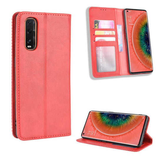 Vintage Style Leather Wallet Stand Cover Case for Oppo Find X2 - Red