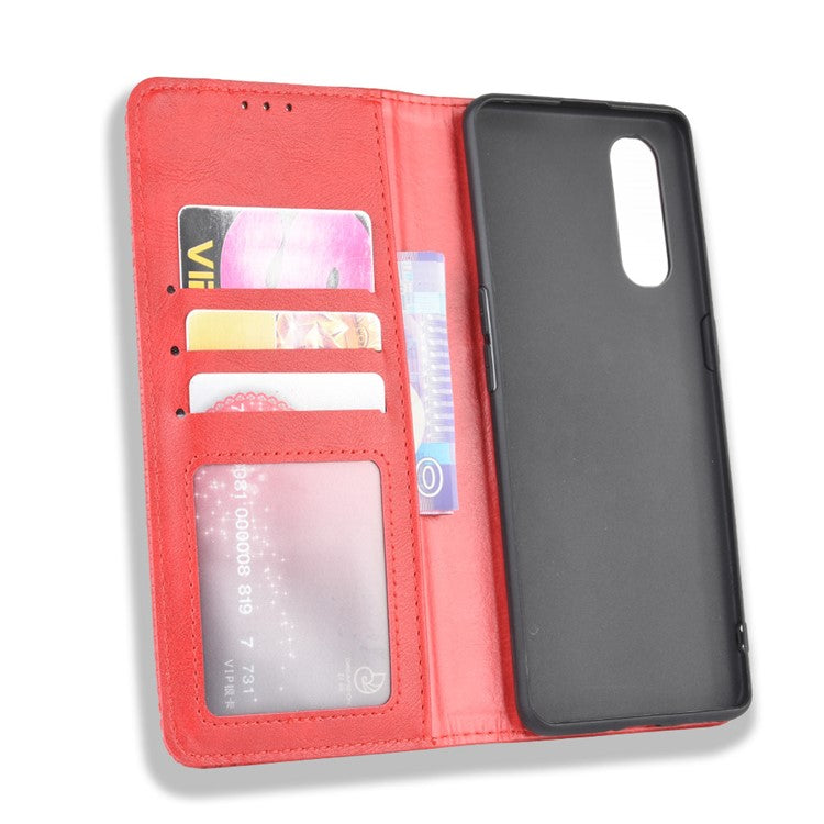 Vintage Style Leather Wallet Stand Cover Case for Oppo Find X2 - Red