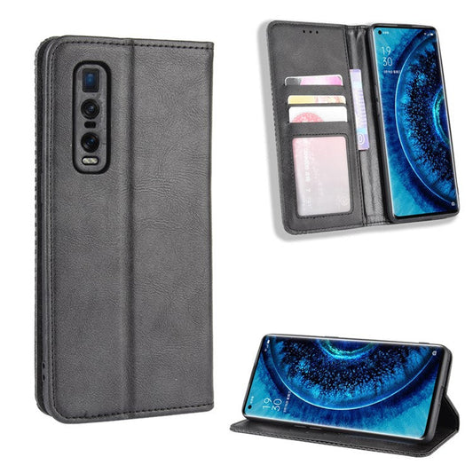Vintage Style Leather Wallet Case for Oppo Find X2 Pro - Black