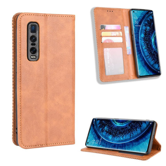 Vintage Style Leather Wallet Case for Oppo Find X2 Pro - Brown