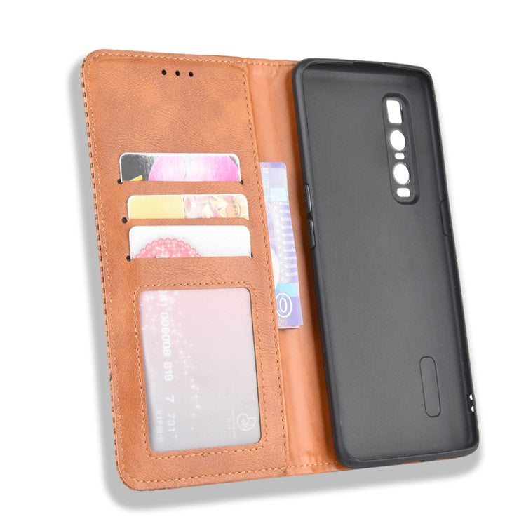 Vintage Style Leather Wallet Case for Oppo Find X2 Pro - Brown
