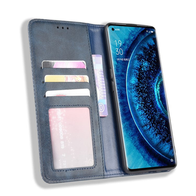 Vintage Style Leather Wallet Case for Oppo Find X2 Pro - Blue