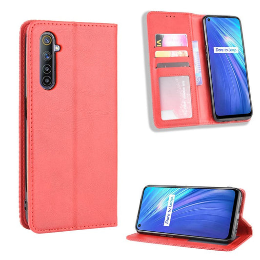 Magnetic Retro Leather with Wallet Shell for Realme 6 - Red