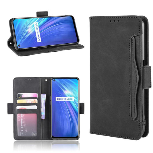 Multiple Card Slots Leather with Wallet Stand Shell for Realme 6 - Black
