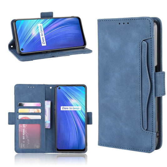 Multiple Card Slots Leather with Wallet Stand Shell for Realme 6 - Blue