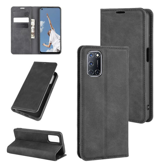 Silky Touch Stylish Auto-absorbed Flip Leather Wallet Stand Case for Oppo A52/A92/A72 - Black
