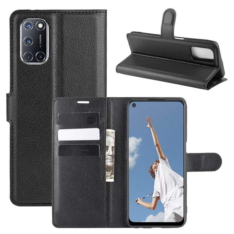 Litchi Skin Wallet Leather with Stand Case for Oppo A52/A92/A72 - Black