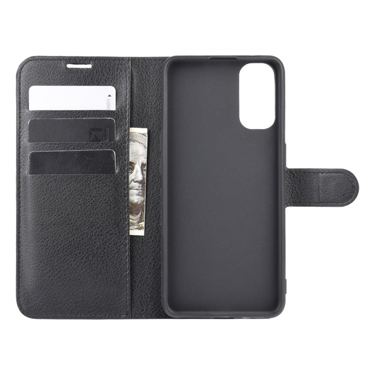 Litchi Texture Wallet Stand Leather Shell Cell Phone Cover for Oppo Reno4 5G - Black