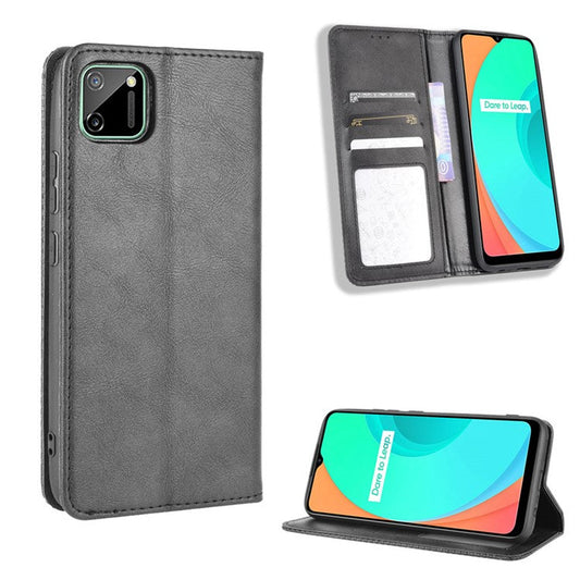 Auto-absorbed Retro PU Leather Shell Wallet Cell Phone Case for OPPO Realme C11 - Black