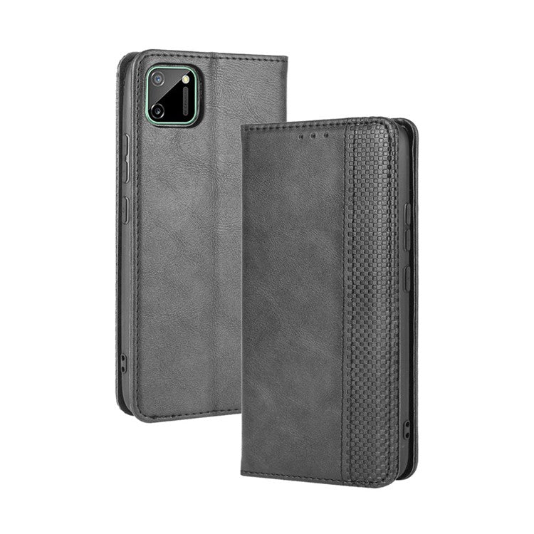 Auto-absorbed Retro PU Leather Shell Wallet Cell Phone Case for OPPO Realme C11 - Black