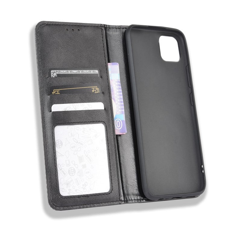 Auto-absorbed Retro PU Leather Shell Wallet Cell Phone Case for OPPO Realme C11 - Black
