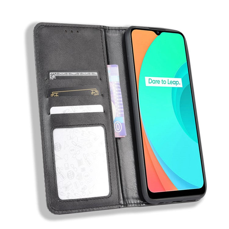 Auto-absorbed Retro PU Leather Shell Wallet Cell Phone Case for OPPO Realme C11 - Black