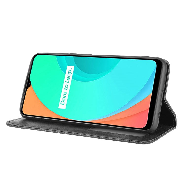 Auto-absorbed Retro PU Leather Shell Wallet Cell Phone Case for OPPO Realme C11 - Black