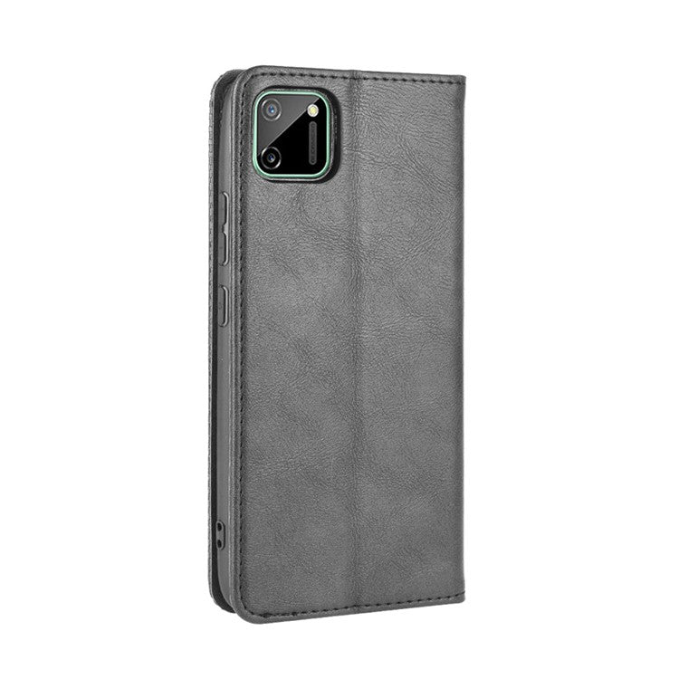 Auto-absorbed Retro PU Leather Shell Wallet Cell Phone Case for OPPO Realme C11 - Black