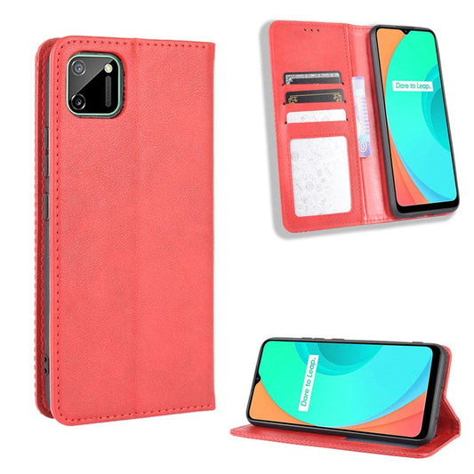 Auto-absorbed Retro PU Leather Shell Wallet Cell Phone Case for OPPO Realme C11 - Red