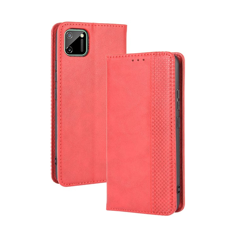 Auto-absorbed Retro PU Leather Shell Wallet Cell Phone Case for OPPO Realme C11 - Red