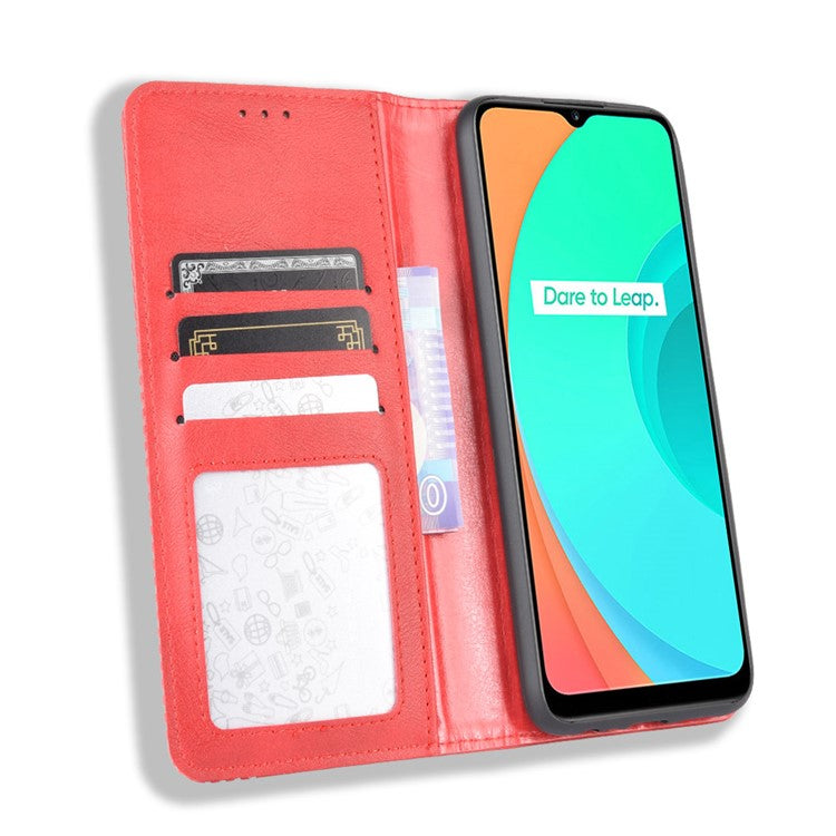 Auto-absorbed Retro PU Leather Shell Wallet Cell Phone Case for OPPO Realme C11 - Red