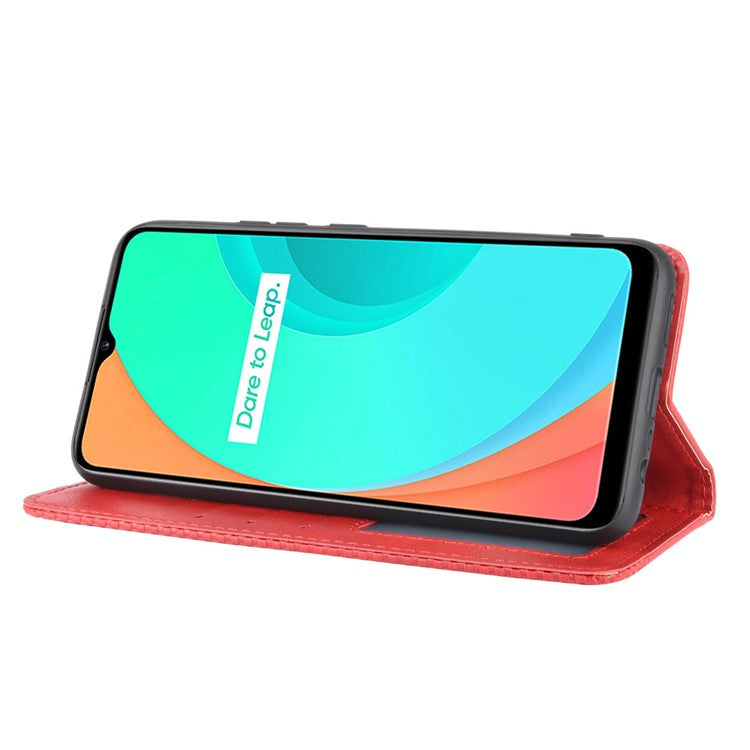 Auto-absorbed Retro PU Leather Shell Wallet Cell Phone Case for OPPO Realme C11 - Red