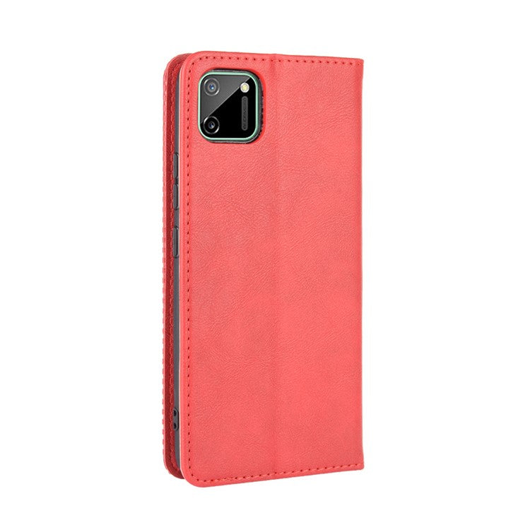 Auto-absorbed Retro PU Leather Shell Wallet Cell Phone Case for OPPO Realme C11 - Red