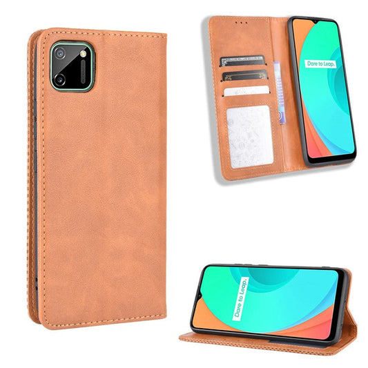 Auto-absorbed Retro PU Leather Shell Wallet Cell Phone Case for OPPO Realme C11 - Brown