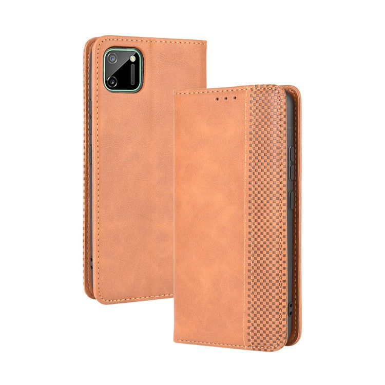 Auto-absorbed Retro PU Leather Shell Wallet Cell Phone Case for OPPO Realme C11 - Brown