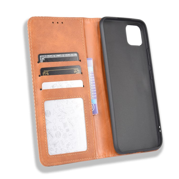 Auto-absorbed Retro PU Leather Shell Wallet Cell Phone Case for OPPO Realme C11 - Brown
