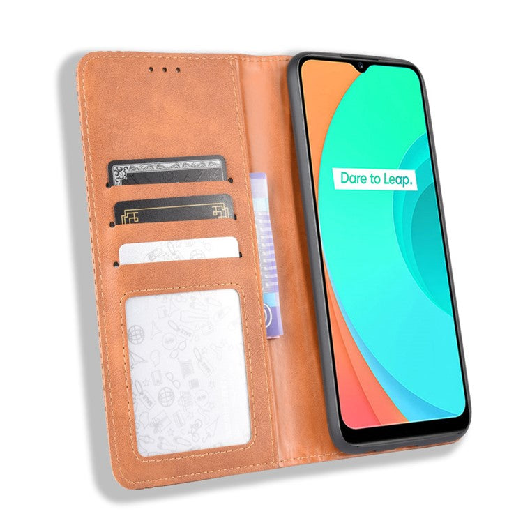 Auto-absorbed Retro PU Leather Shell Wallet Cell Phone Case for OPPO Realme C11 - Brown