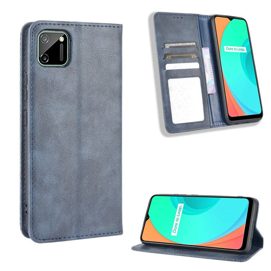 Auto-absorbed Retro PU Leather Shell Wallet Cell Phone Case for OPPO Realme C11 - Blue