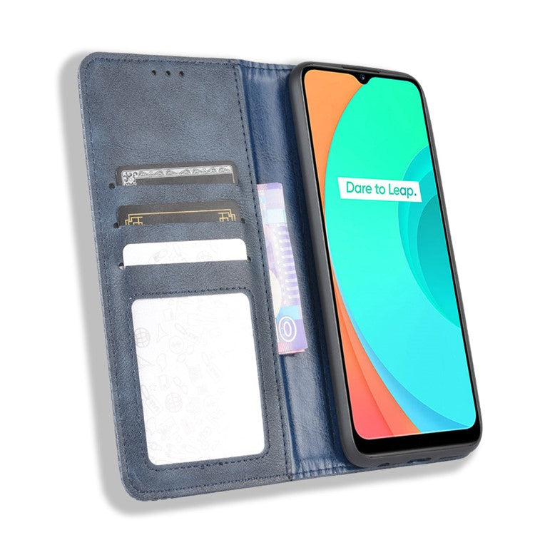 Auto-absorbed Retro PU Leather Shell Wallet Cell Phone Case for OPPO Realme C11 - Blue