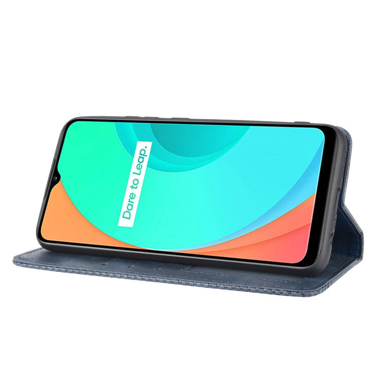 Auto-absorbed Retro PU Leather Shell Wallet Cell Phone Case for OPPO Realme C11 - Blue
