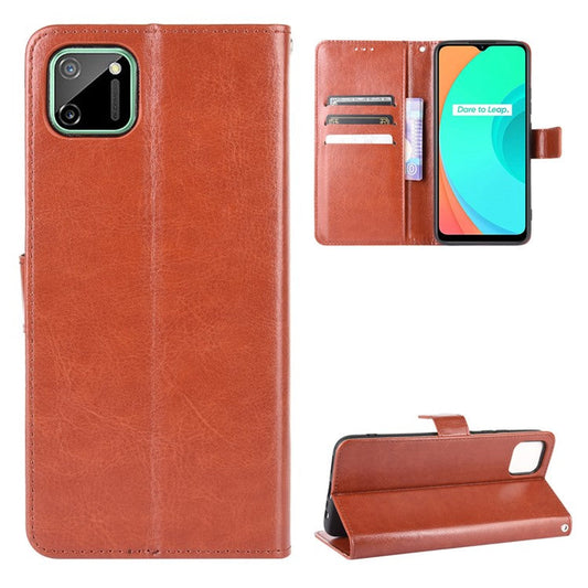 Crazy Horse Leather Wallet Stand Case for Realme C11 - Brown