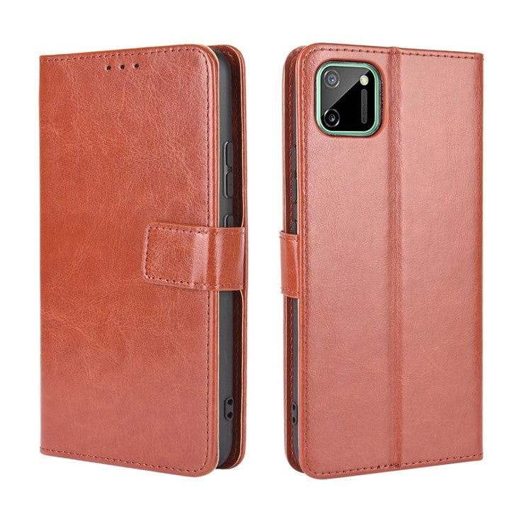 Crazy Horse Leather Wallet Stand Case for Realme C11 - Brown