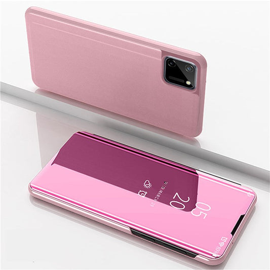 View Window Plated Mirror Surface Leather Stand Case for Realme C11 - Rose Gold